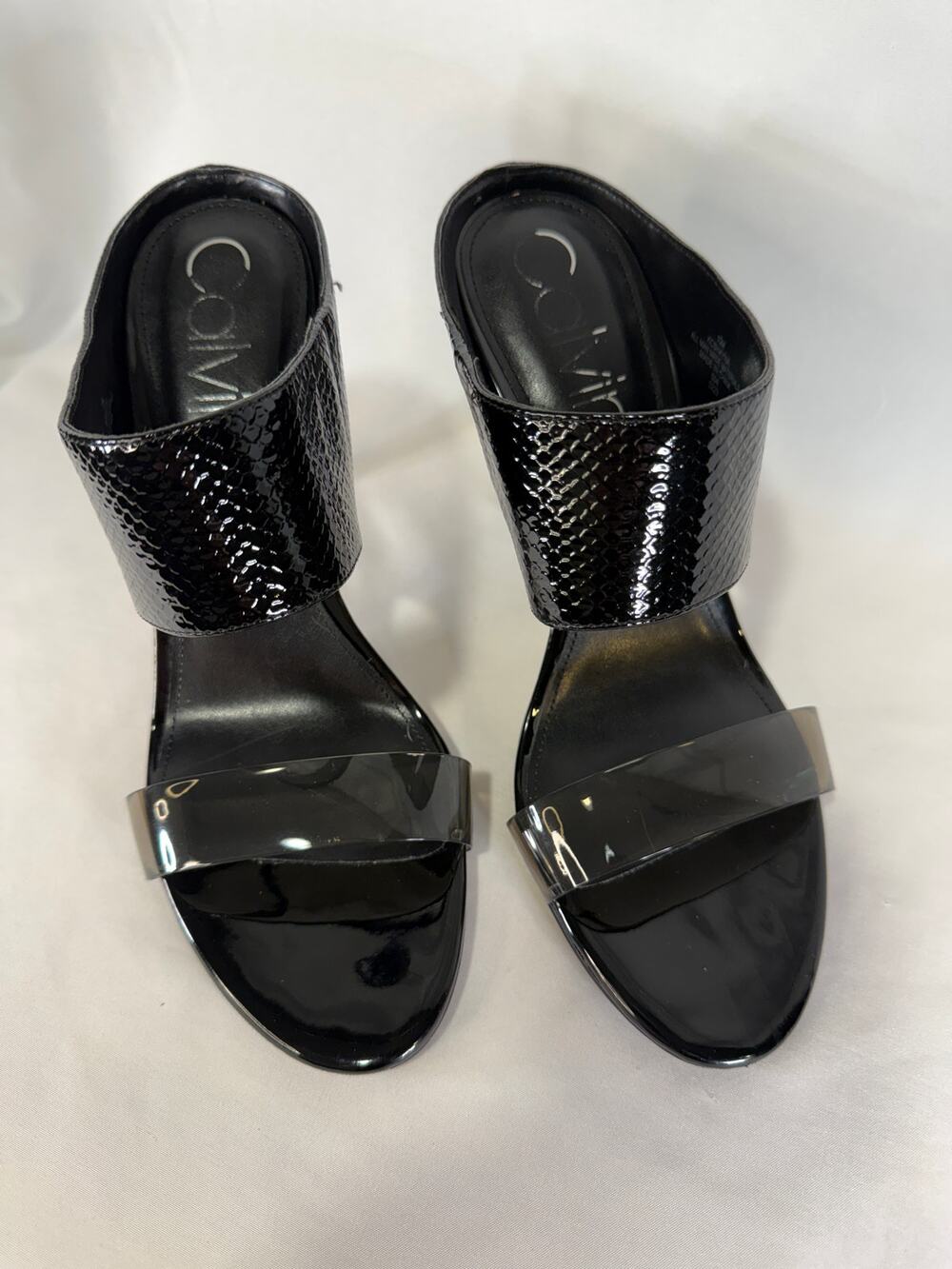 Calvin Klein Women’s 10M Black Patent Clear Strap Stiletto Mule Sandals Heels
